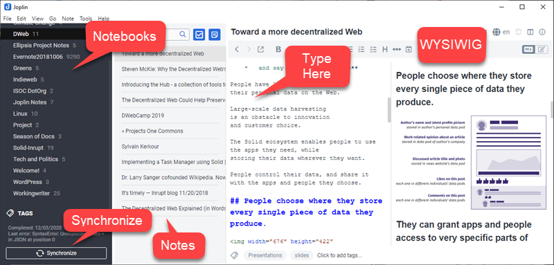 Editing screen for the Joplin open-source notetaking app.